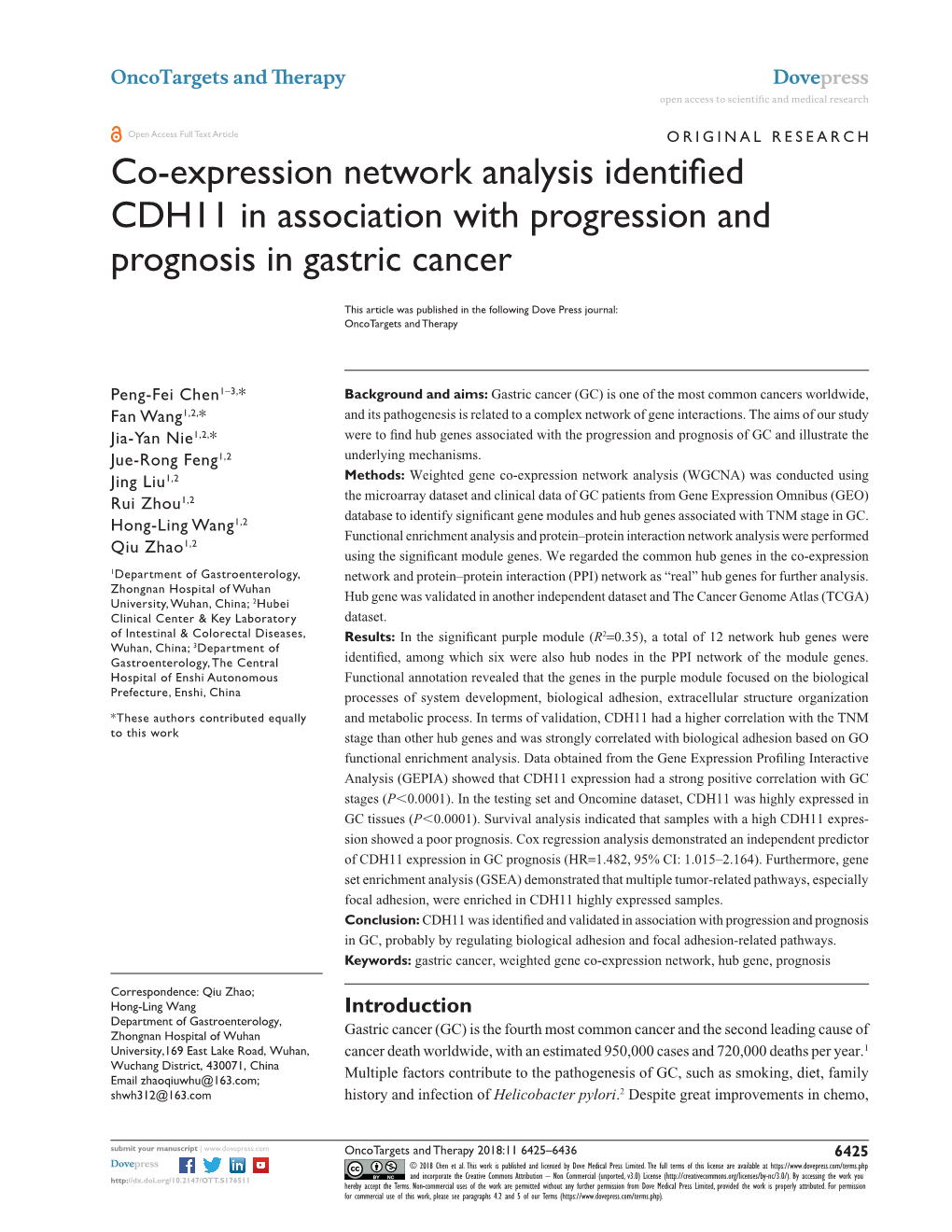 Co-Expression Network Analysis Identified CDH11 in Association with Progression and Prognosis in Gastric Cancer