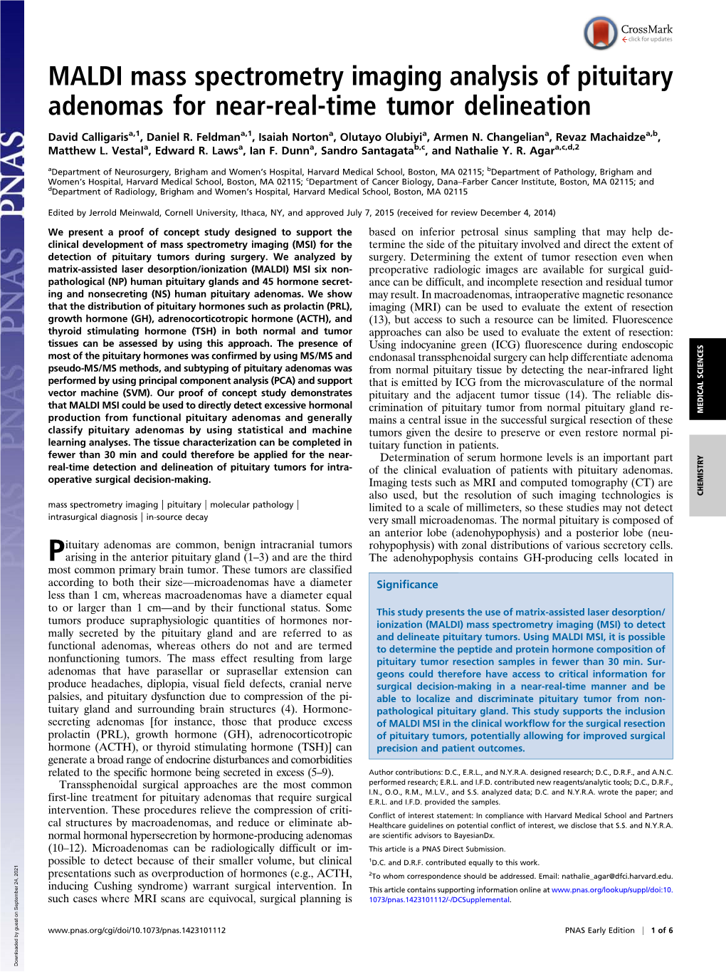 MALDI Mass Spectrometry Imaging Analysis of Pituitary Adenomas for Near-Real-Time Tumor Delineation