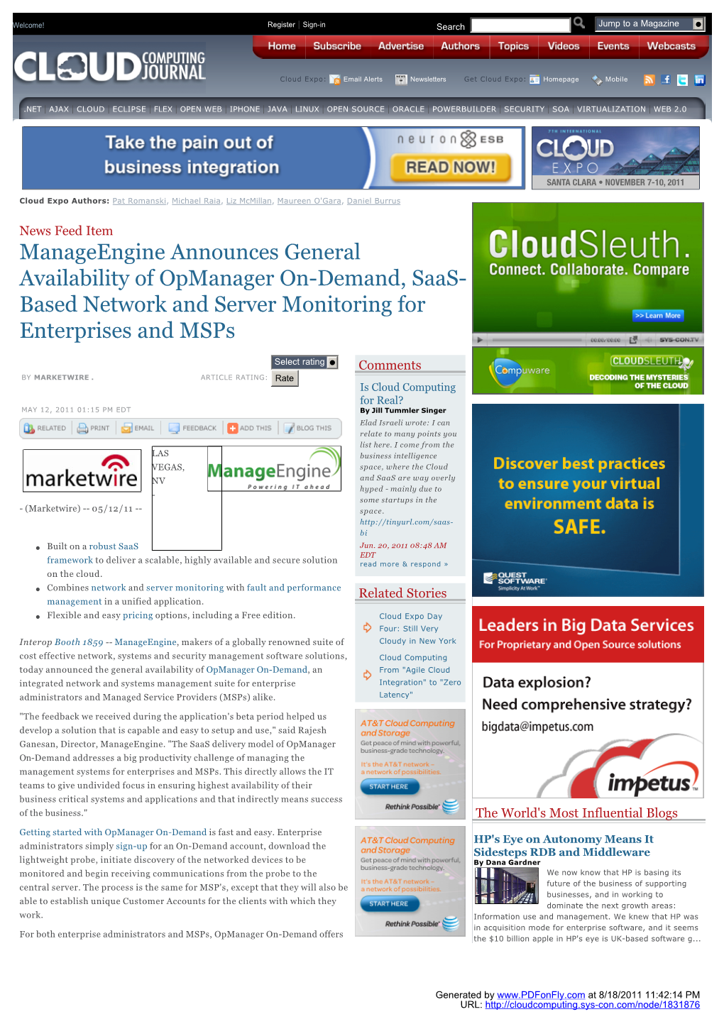 Manageengine Announces General Availability of Opmanager On-Demand, Saas- Based Network and Server Monitoring for Enterprises and Msps