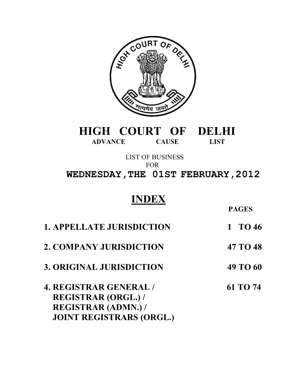 High Court of Delhi Advance Cause List