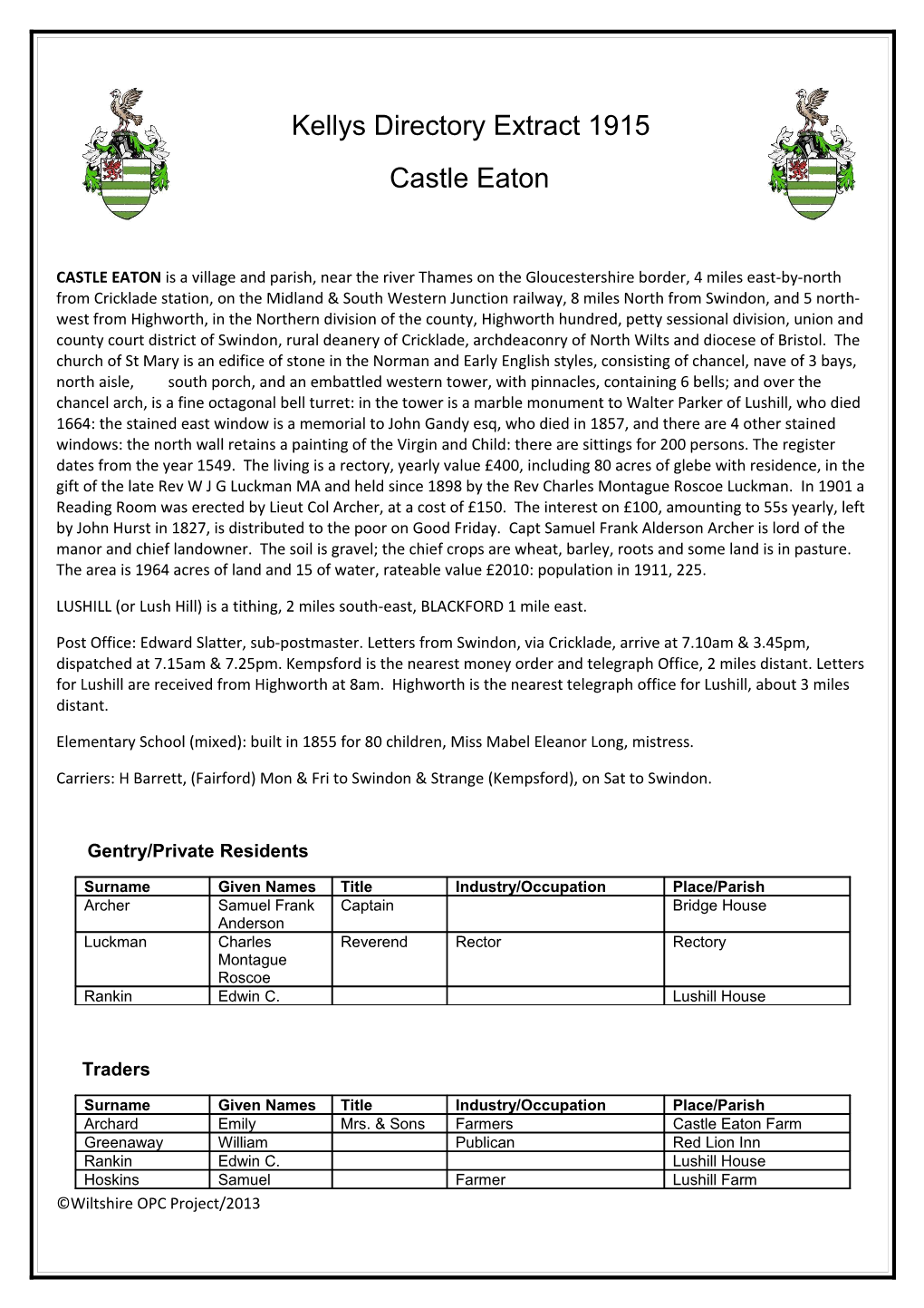 Kellys Directory Extract 1915 Castle Eaton