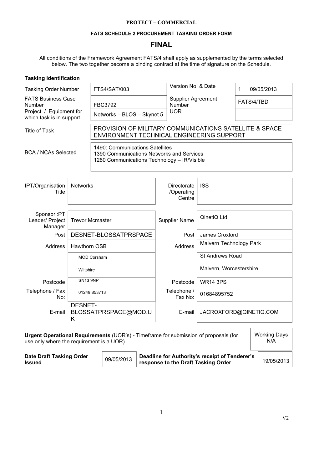 Provision of Military Communications Satellite & Space