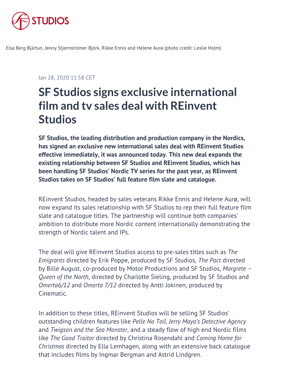 SF Studios Signs Exclusive International Film and Tv Sales Deal with Reinvent Studios