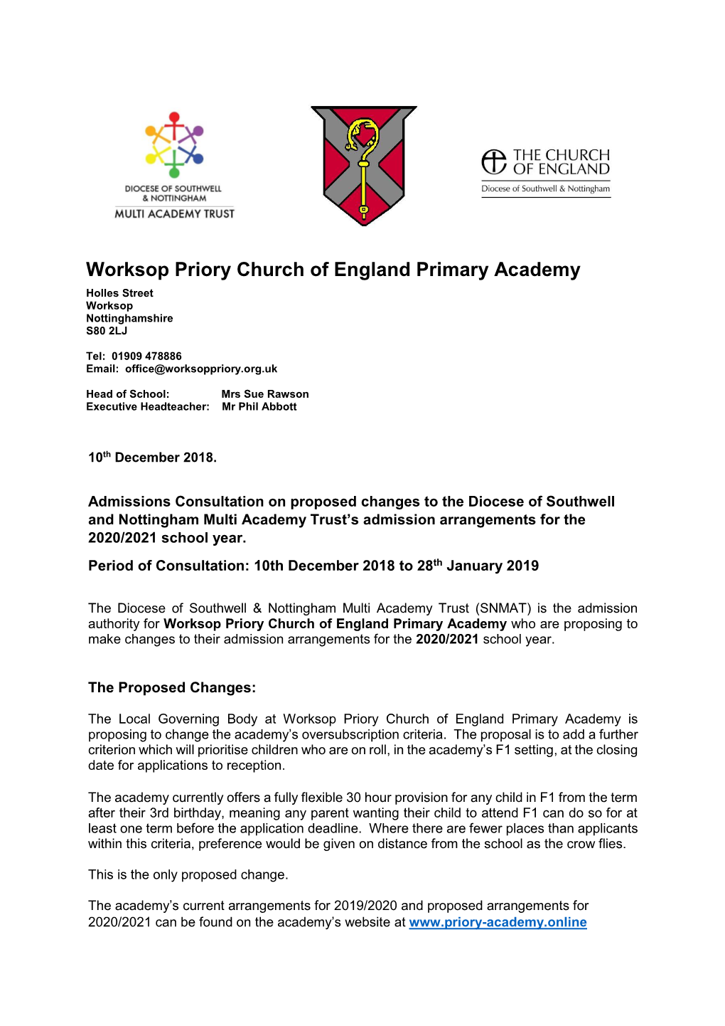Worksop Priory Church of England Primary Academy Holles Street Worksop Nottinghamshire S80 2LJ
