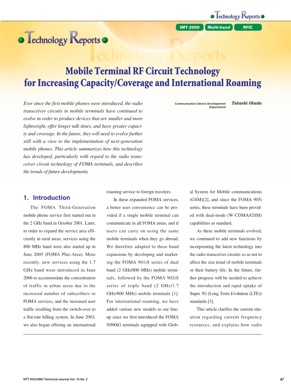 Mobile Terminal RF Circuit Technology for Increasing Capacity/Coverage and International Roaming