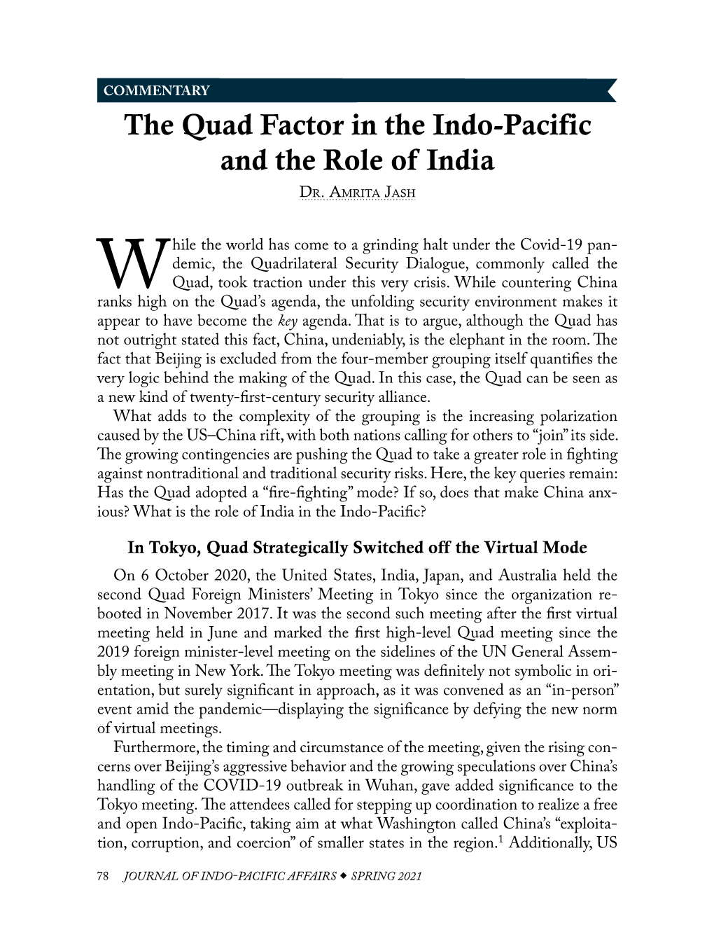 The Quad Factor in the Indo-Pacific and the Role of India