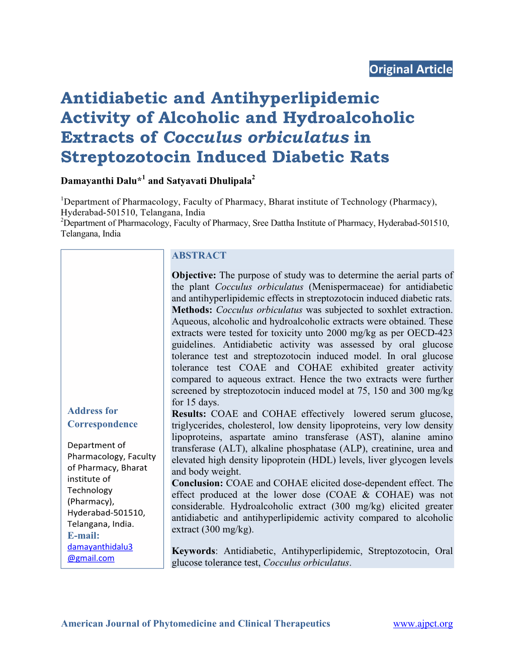 Antidiabetic and Antihyperlipidemic Activity of Alcoholic and Hydroalcoholic Extracts of Cocculus Orbiculatus in Streptozotocin