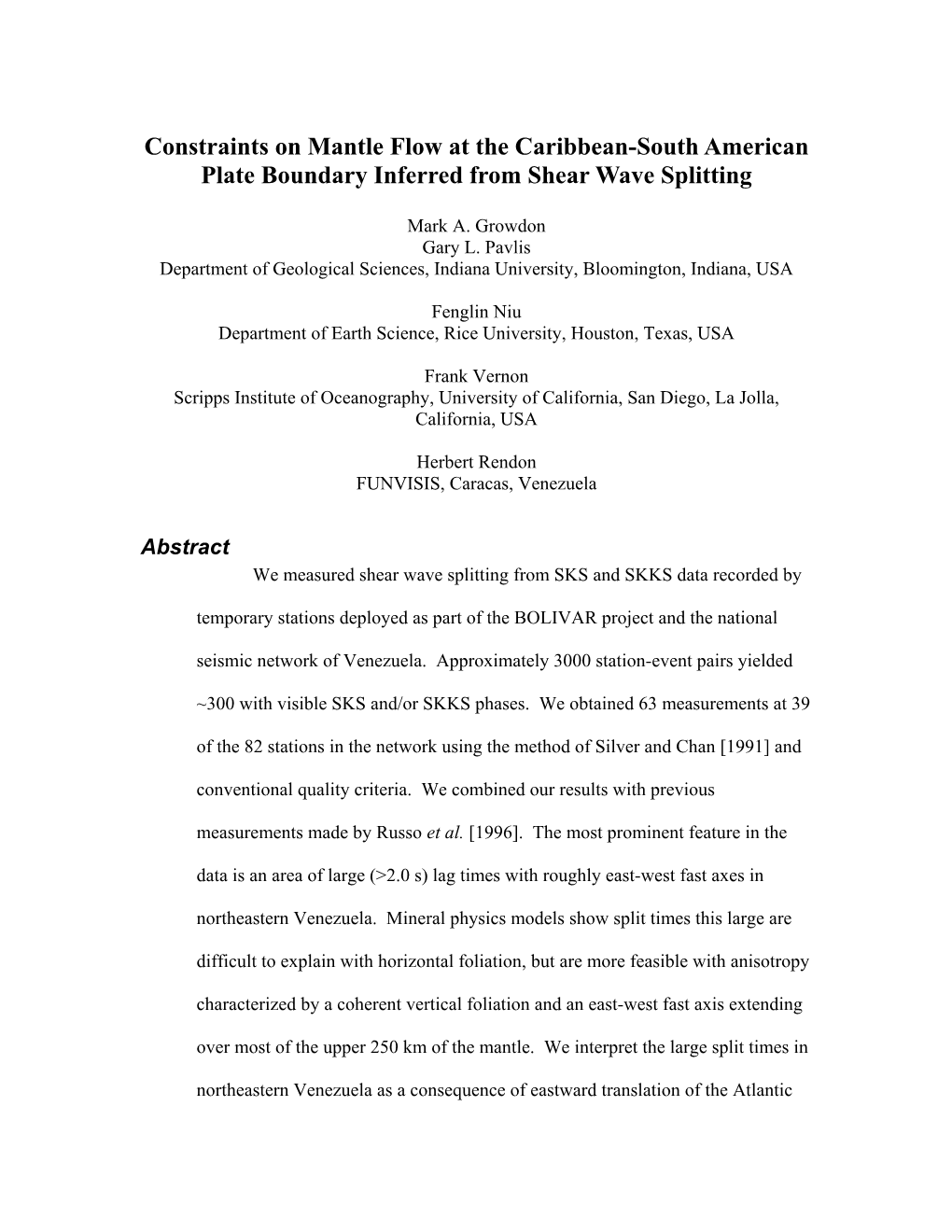 Constraints on Mantle Flow at the Caribbean-South American Plate Boundary Inferred from Shear Wave Splitting