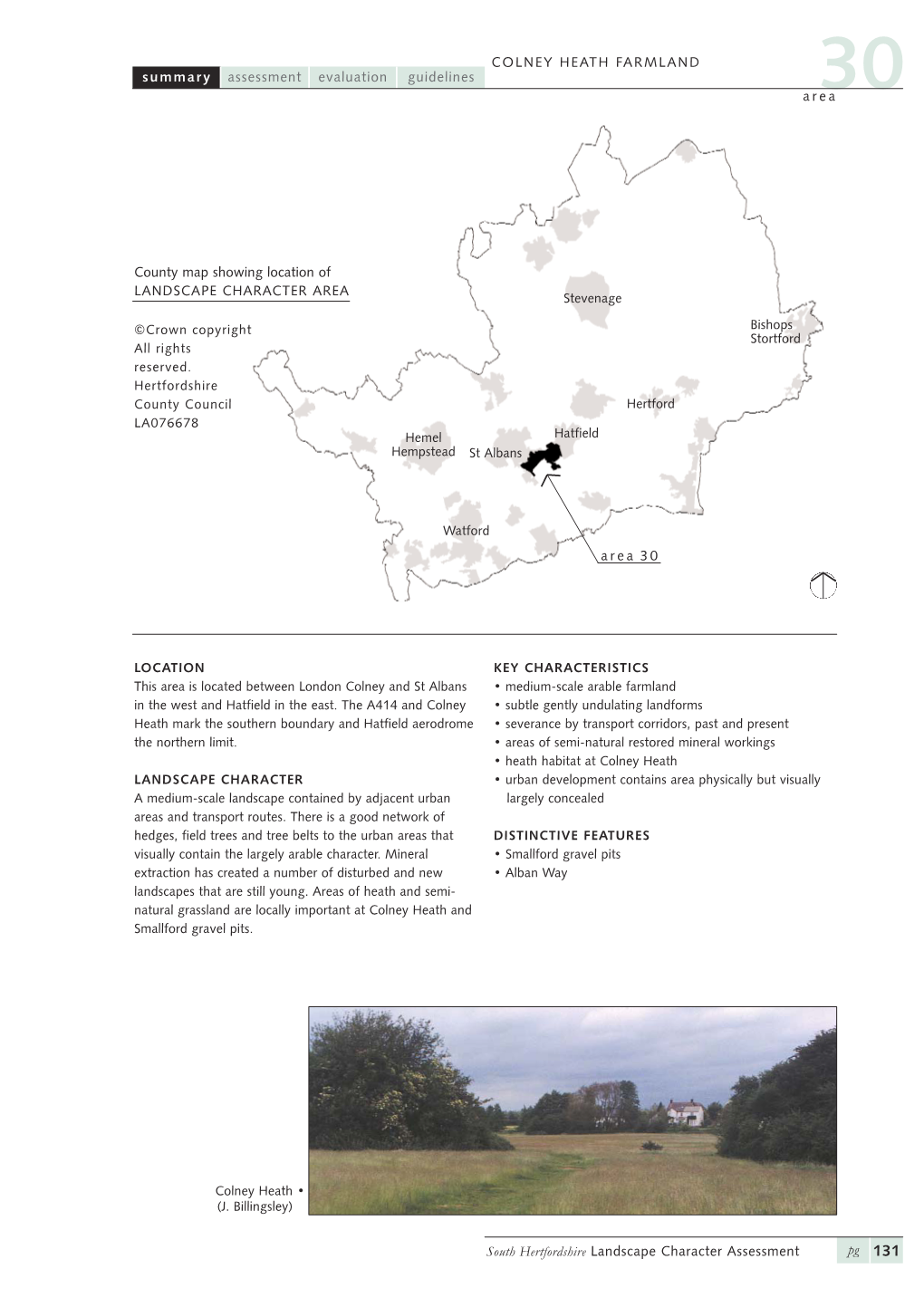 Area Summary Assessment Guidelines Evaluation COLNEY HEATH FARMLAND South Hertfordshire Landscape Character Assessment Pg County