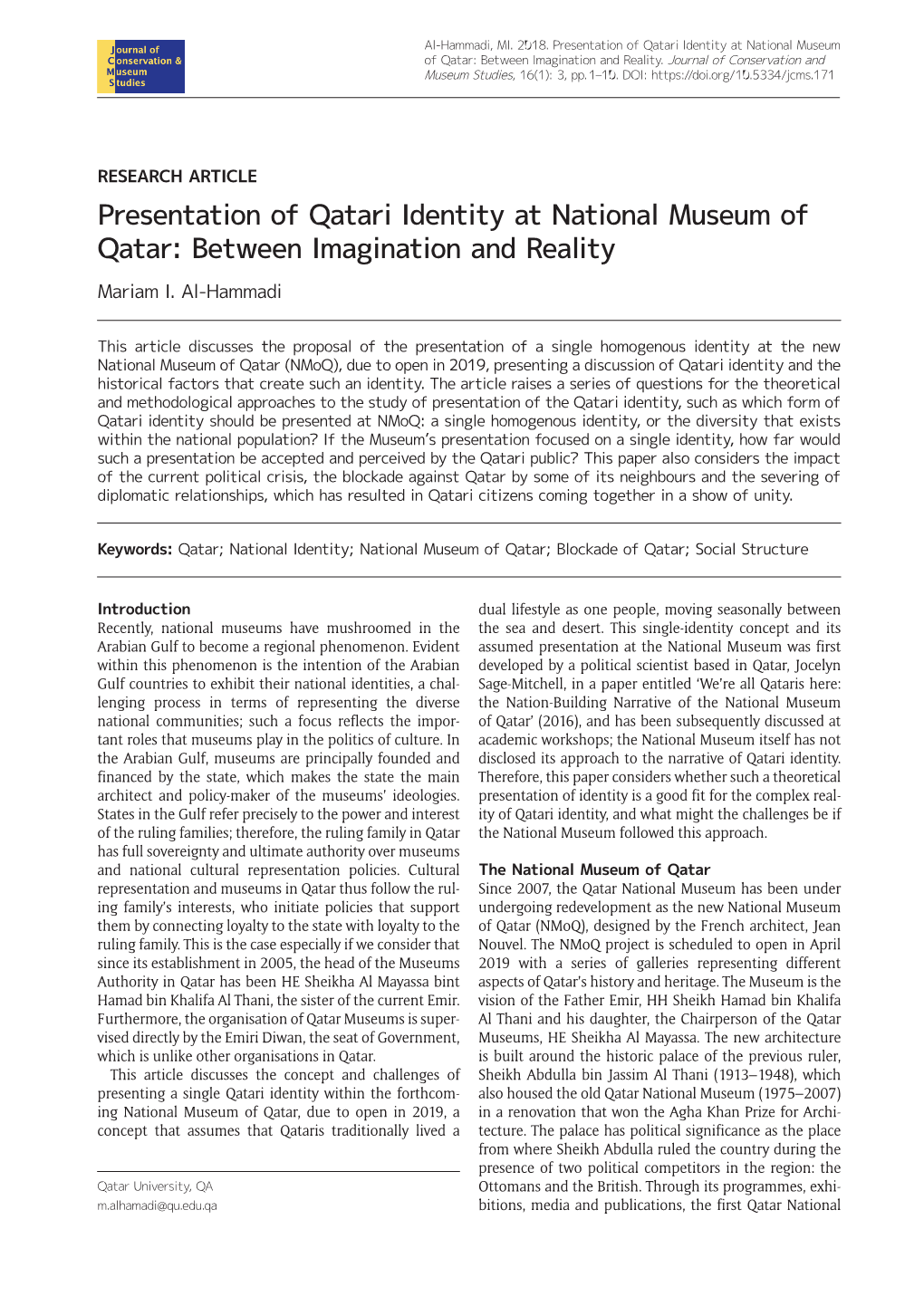 Presentation of Qatari Identity at National Museum of Qatar: Between Imagination and Reality