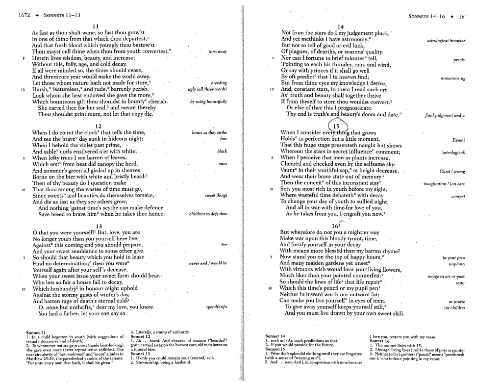 SONNETS 11-13 SONNETS 14-16 + 16' 11 14 As Fast As Thou Shalt Wane, So Fast Thou Grow'st Not from the Stars Do I My Judgement Pluck