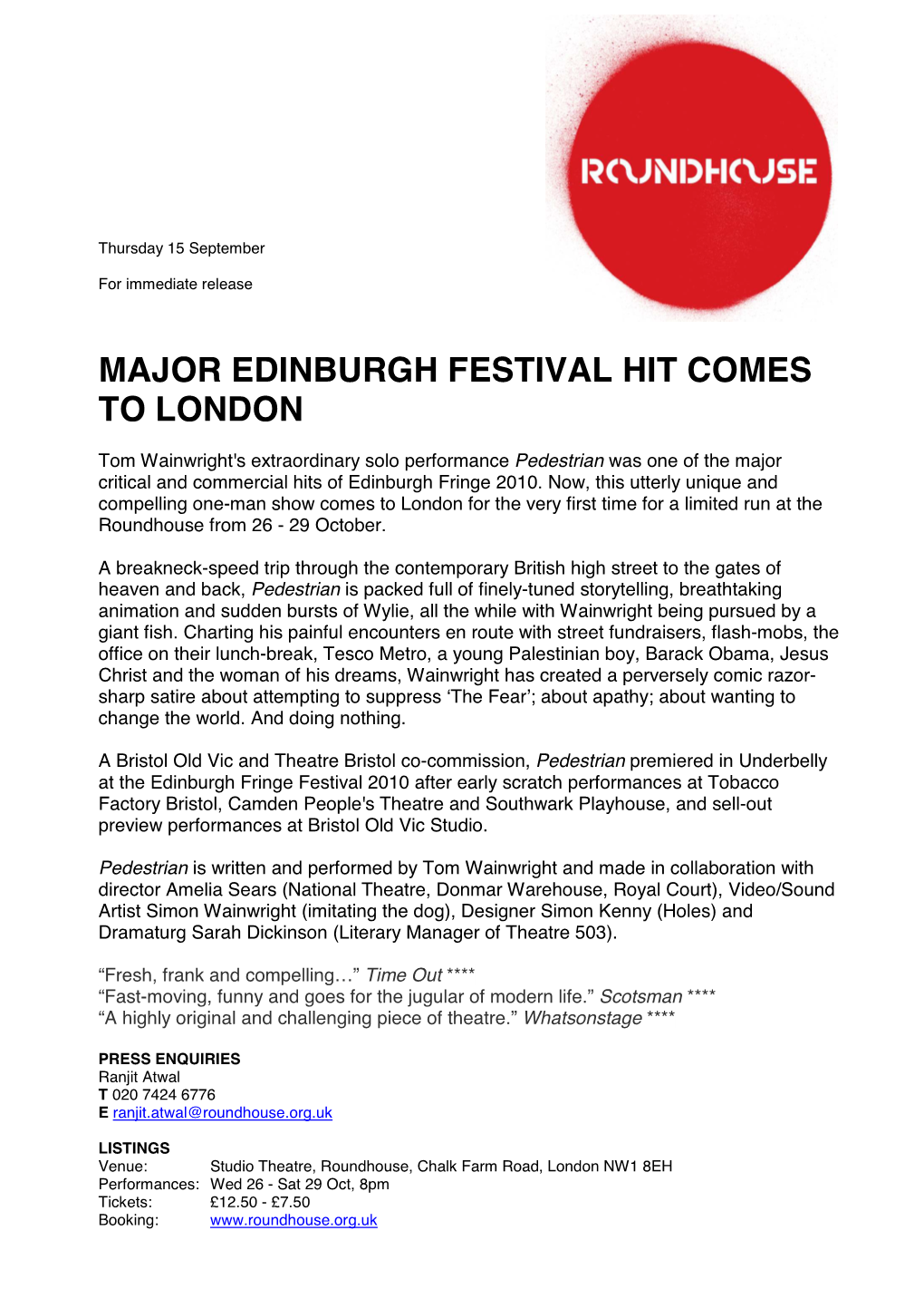 Major Edinburgh Festival Hit Comes to London