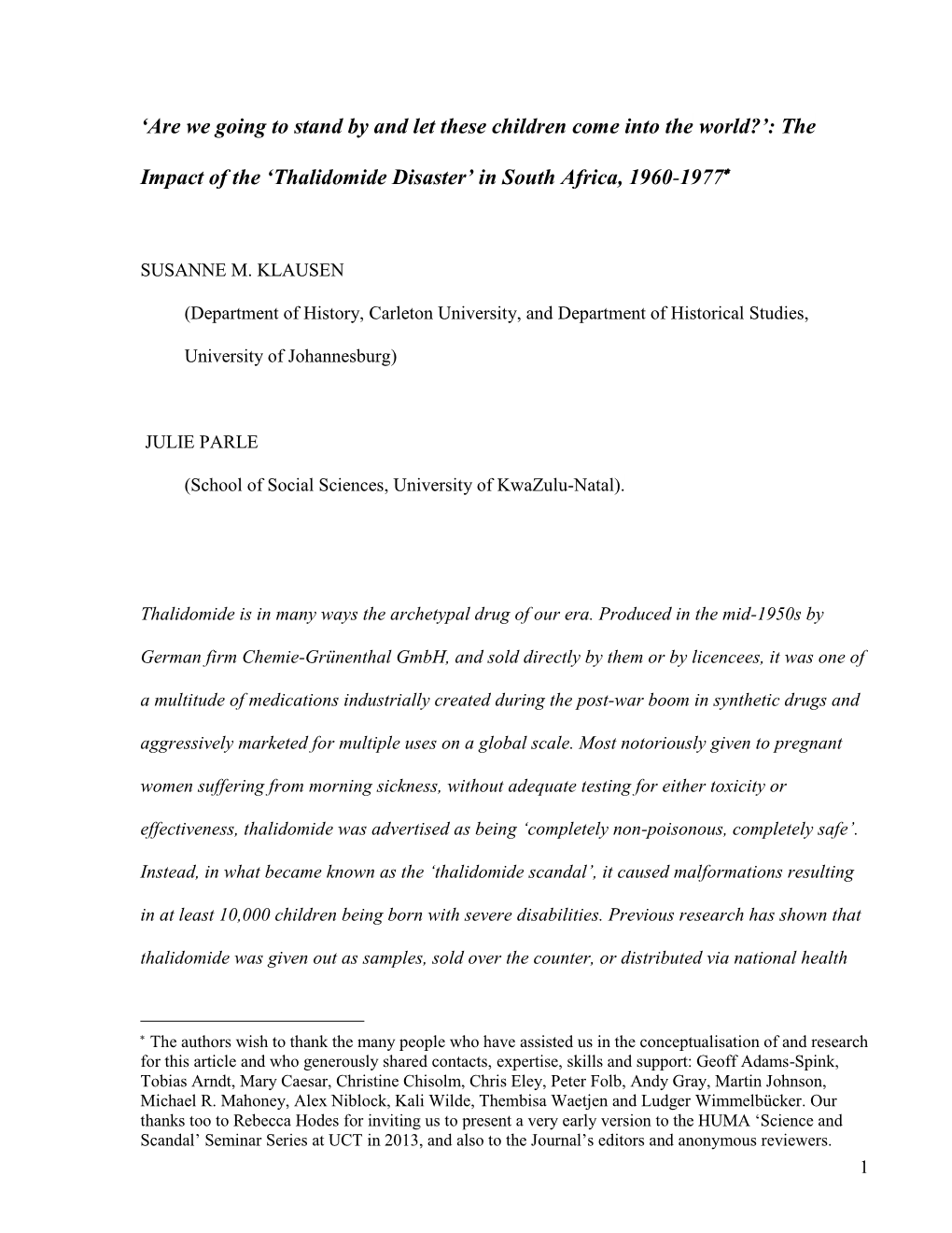 The Impact of the 'Thalidomide Disaster' in South Africa, 1960-1977