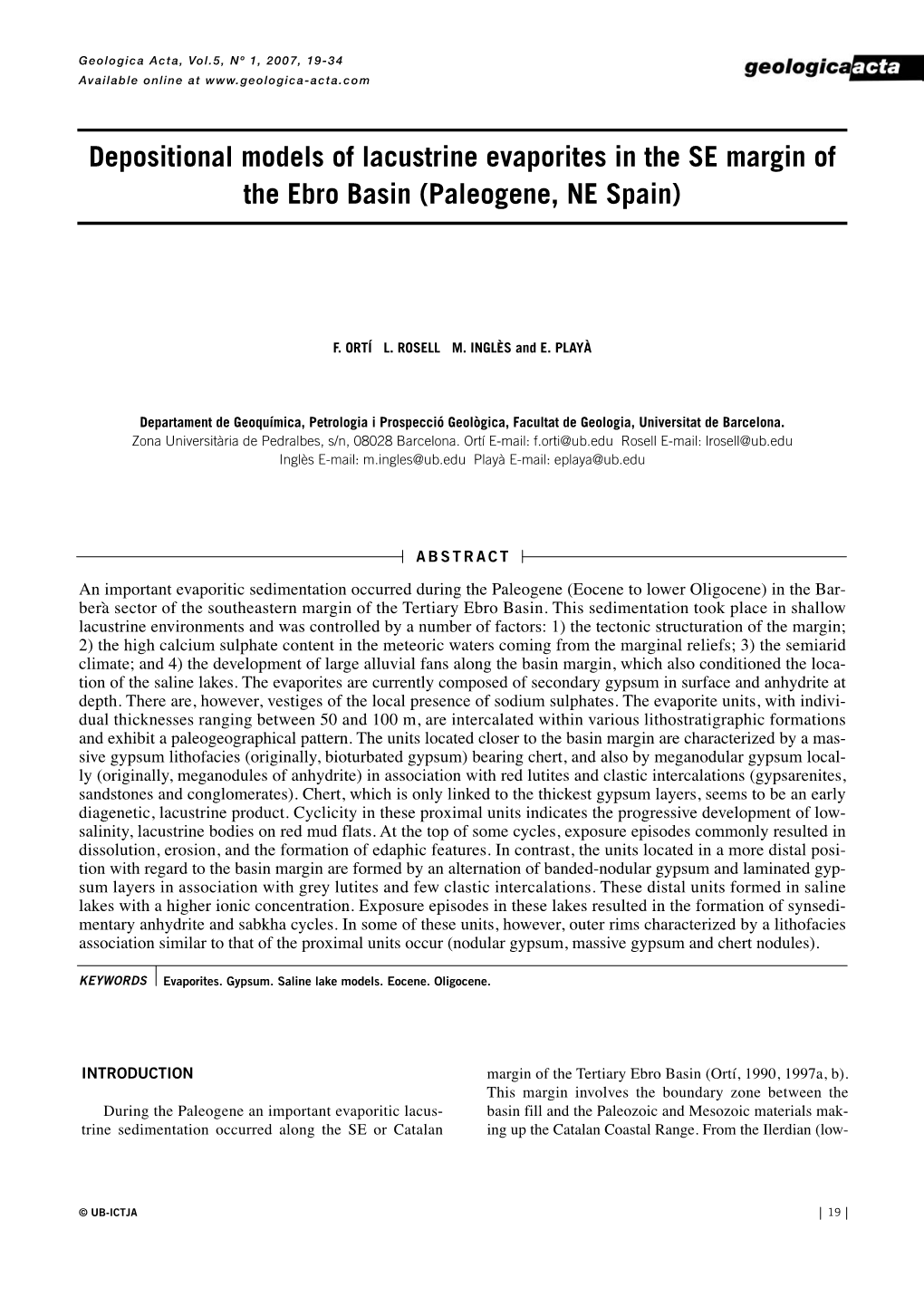 Depositional Models of Lacustrine Evaporites in the SE Margin of the Ebro Basin (Paleogene, NE Spain)