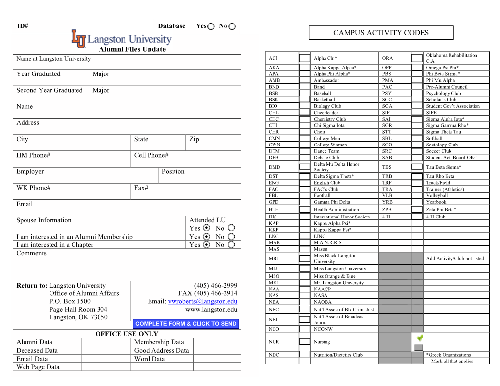 CAMPUS ACTIVITY CODES Alumni Files Update