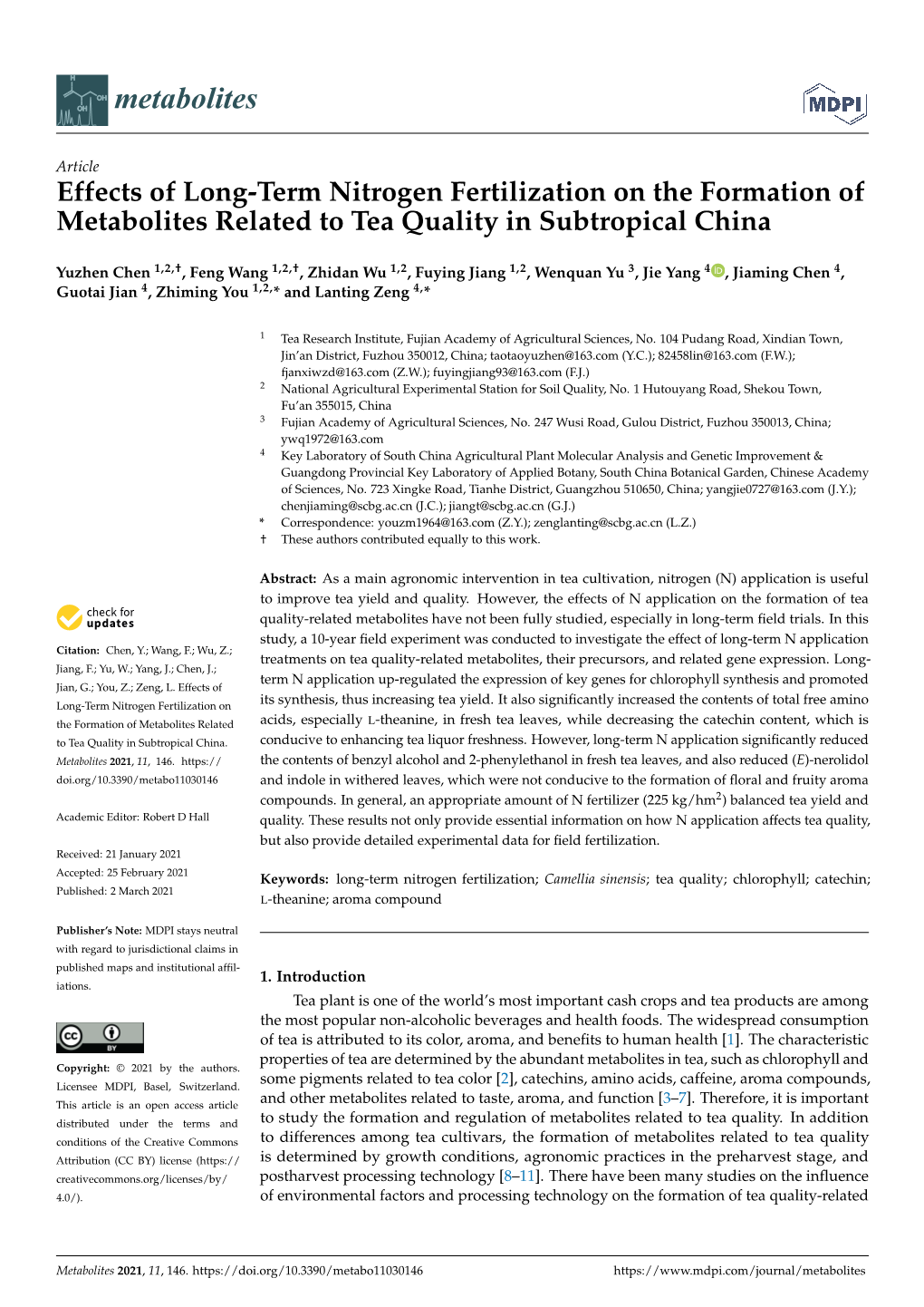 Effects of Long-Term Nitrogen Fertilization on the Formation of Metabolites Related to Tea Quality in Subtropical China