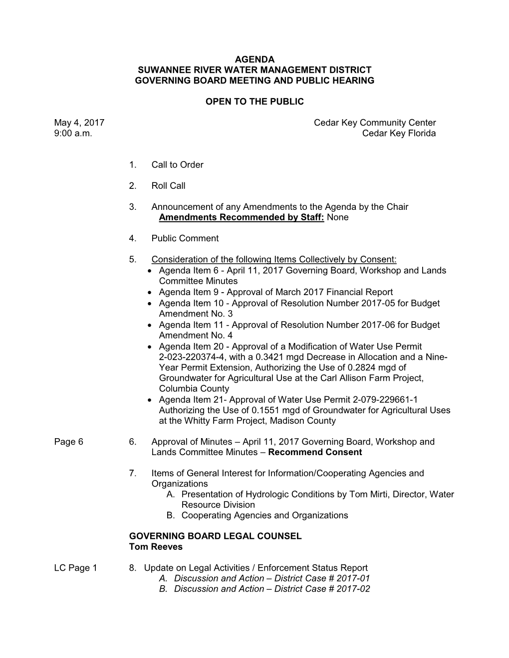 Agenda Suwannee River Water Management District Governing Board Meeting and Public Hearing