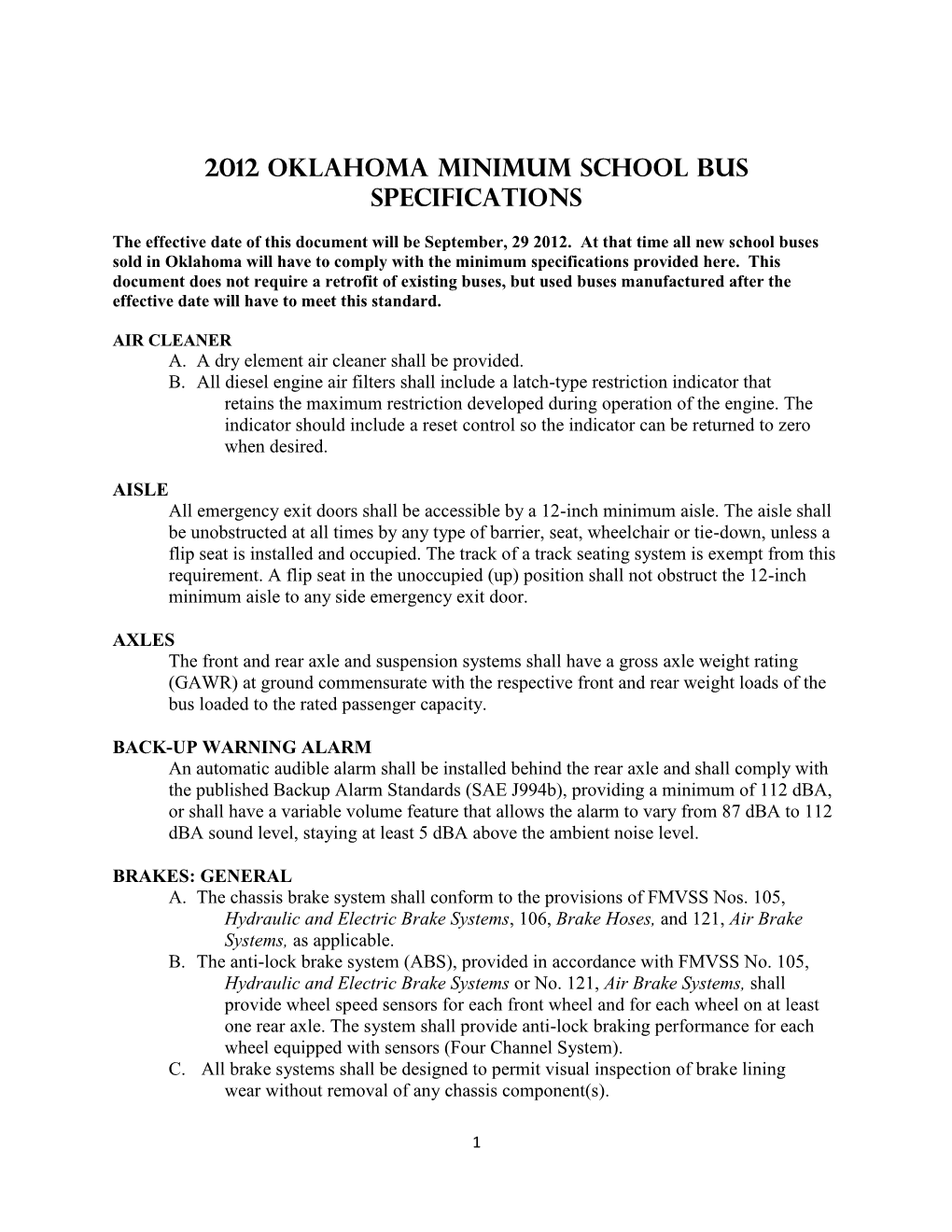 2012 Oklahoma Minimum School Bus Specifications
