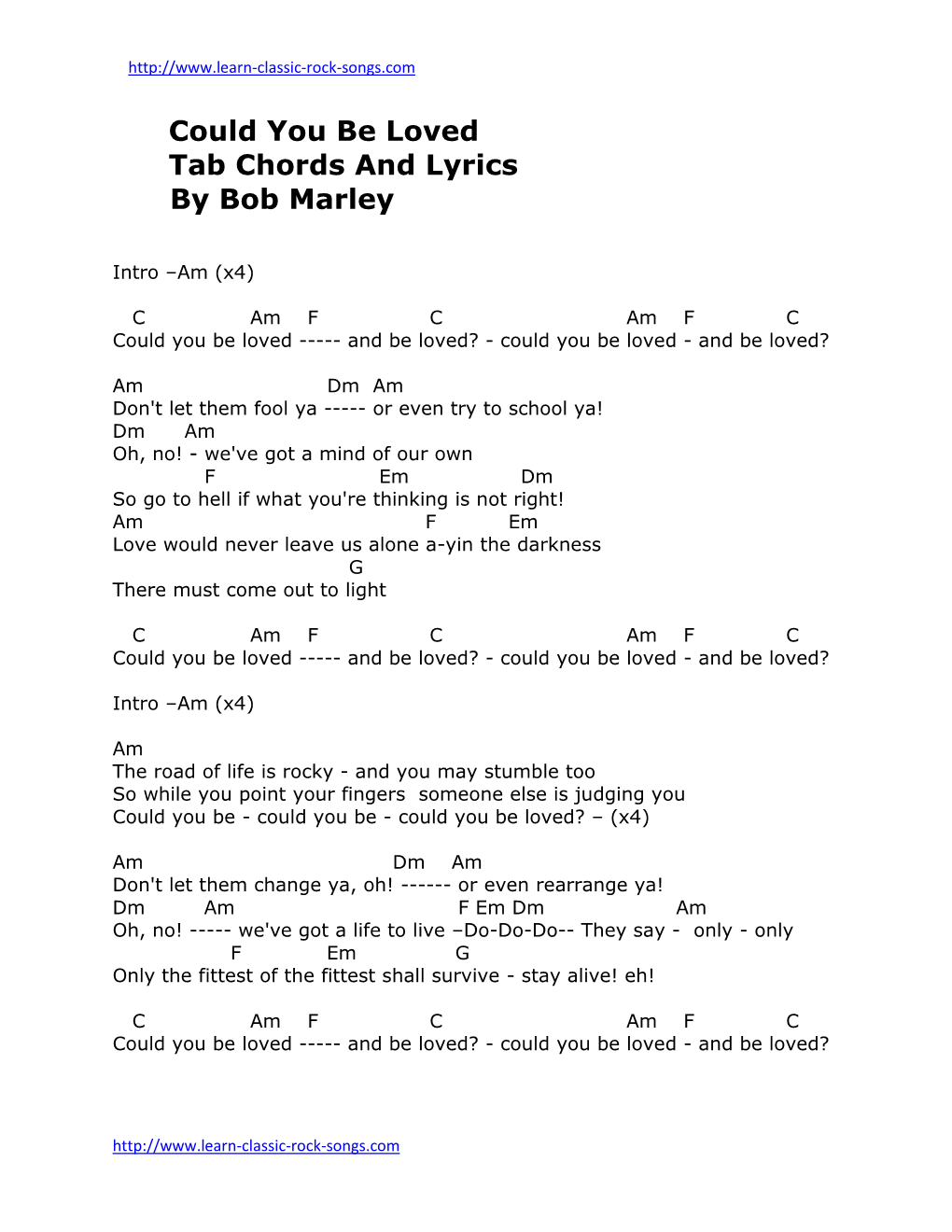 Could You Be Loved Tab Chords and Lyrics by Bob Marley