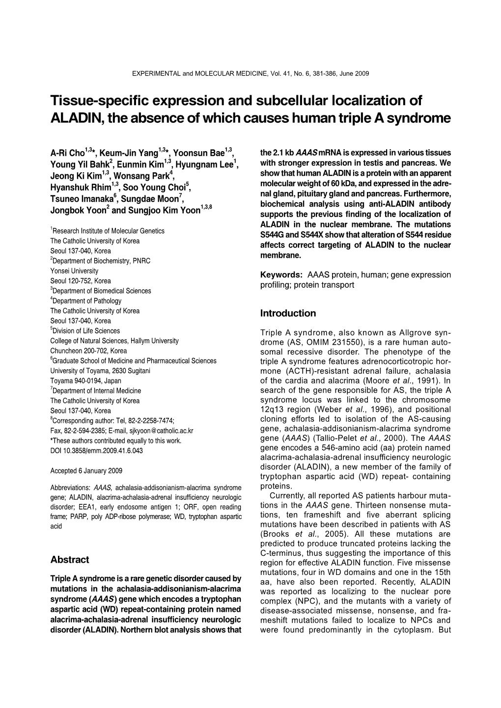 Tissue-Specific Expression and Subcellular Localization of ALADIN, the Absence of Which Causes Human Triple a Syndrome