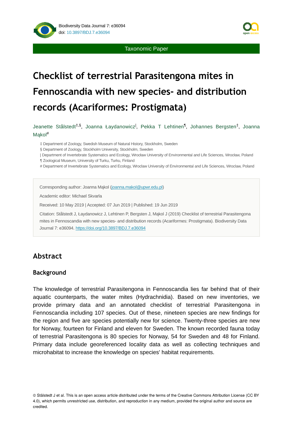 Checklist of Terrestrial Parasitengona Mites in Fennoscandia with New Species- and Distribution Records (Acariformes: Prostigmata)