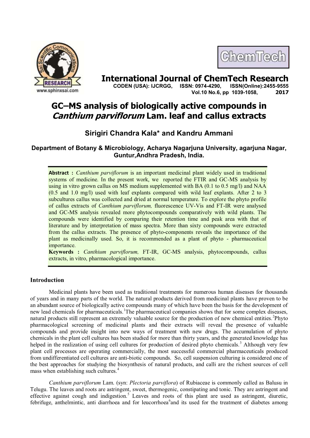 GC–MS Analysis of Biologically Active Compounds in Canthium Parviflorum Lam. Leaf and Callus Extracts International Journal Of