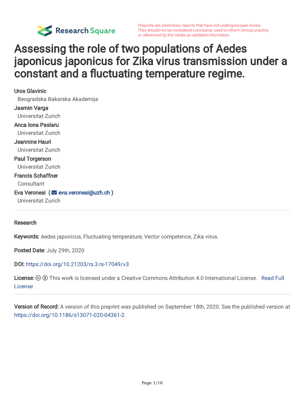 Assessing the Role of Two Populations of Aedes Japonicus Japonicus for Zika Virus Transmission Under a Constant and a Fuctuating Temperature Regime