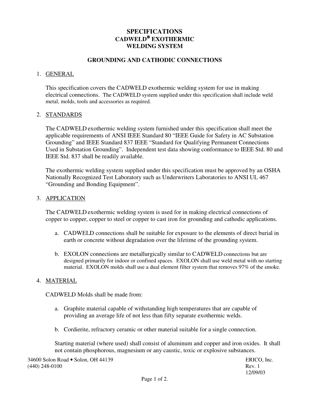 Specifications Cadweld  Exothermic Welding System