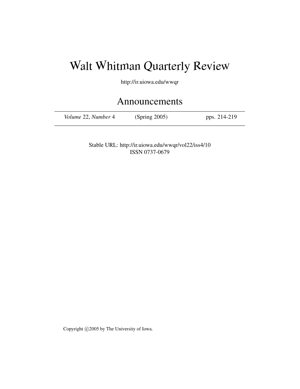 Walt Whitman Quarterly Review