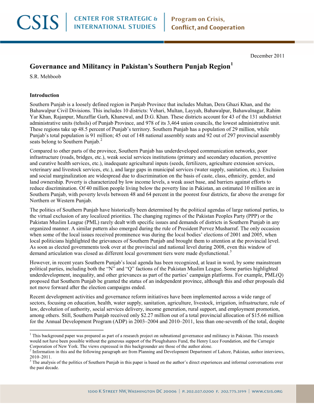 Governance and Militancy in Pakistan's Southern Punjab Region