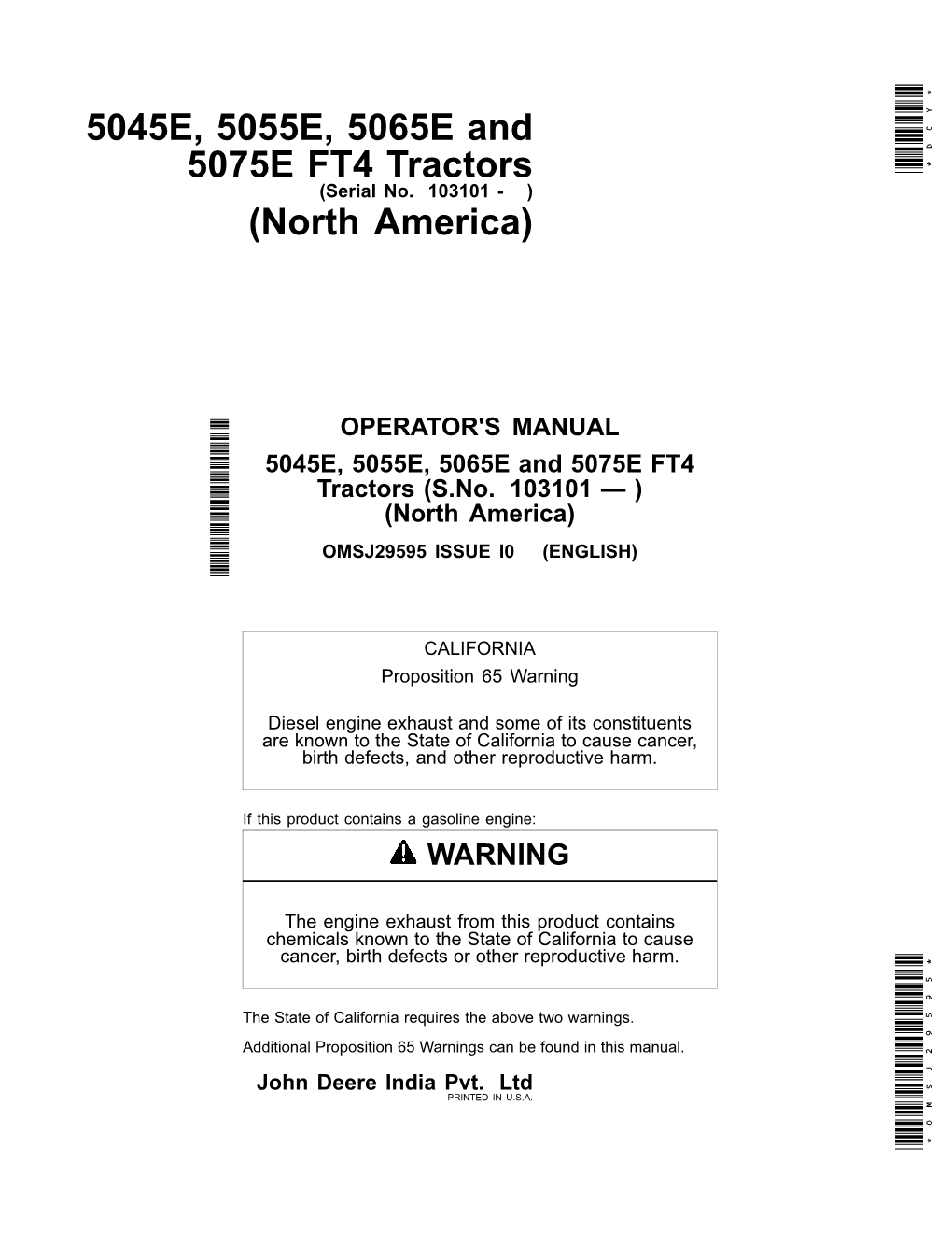 John Deere 5045E, 5055E, 5065E, 5075E FT4 Tractors Operators