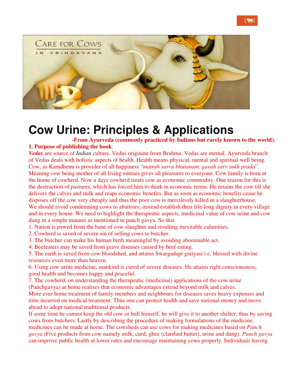 Cow Urine: Principles & Applications -From Ayurveda (Commonly Practiced by Indians but Rarely Known to the World)