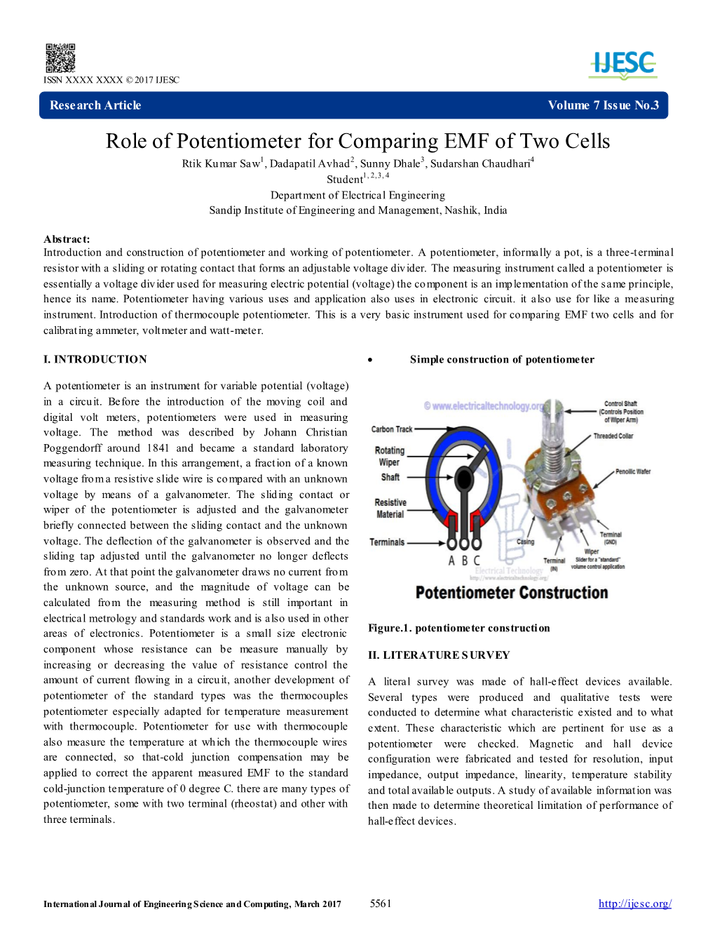 Role of Potentiometer for Comparing EMF of Two Cells