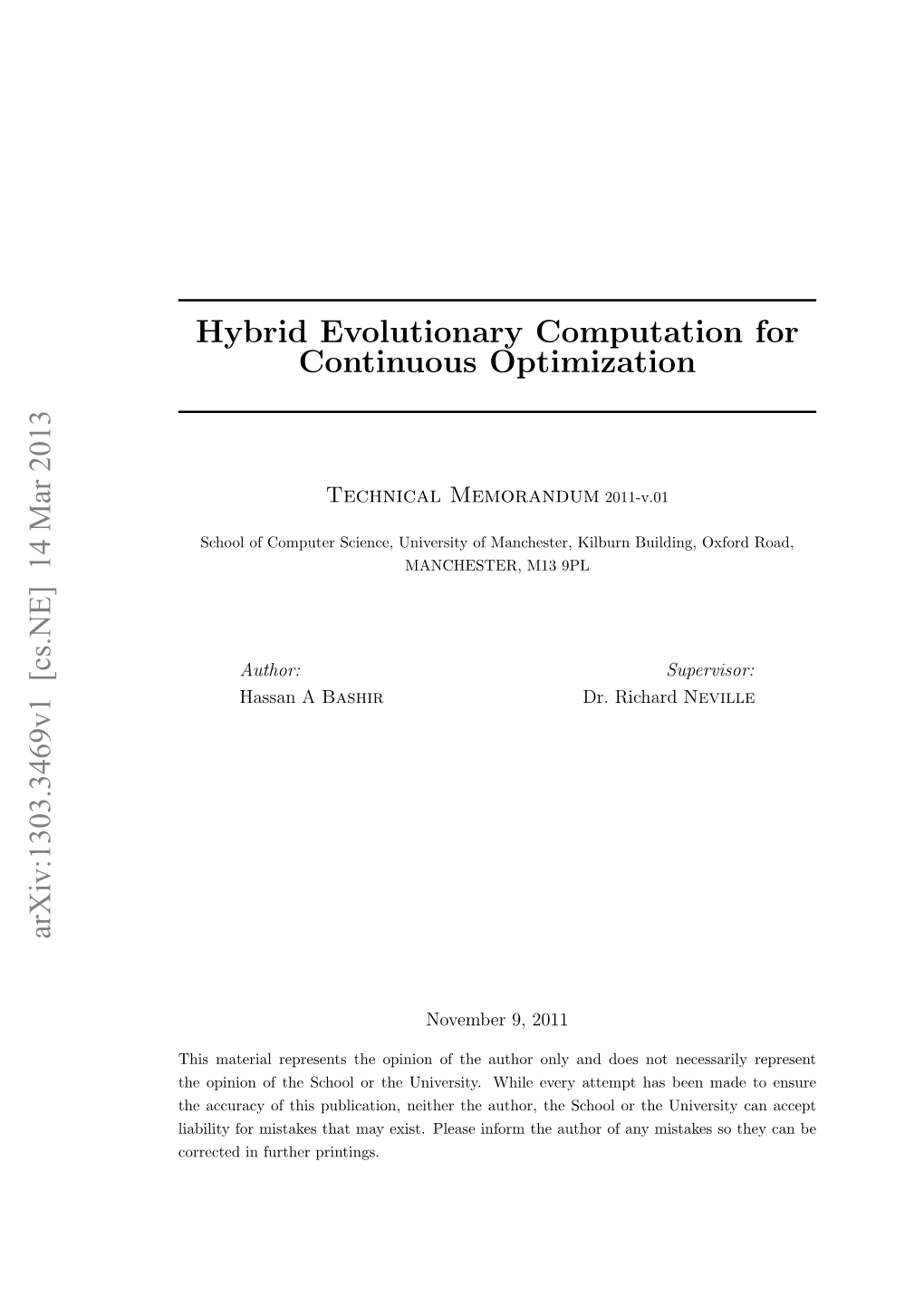 Hybrid Evolutionary Computation for Continuous Optimization Arxiv