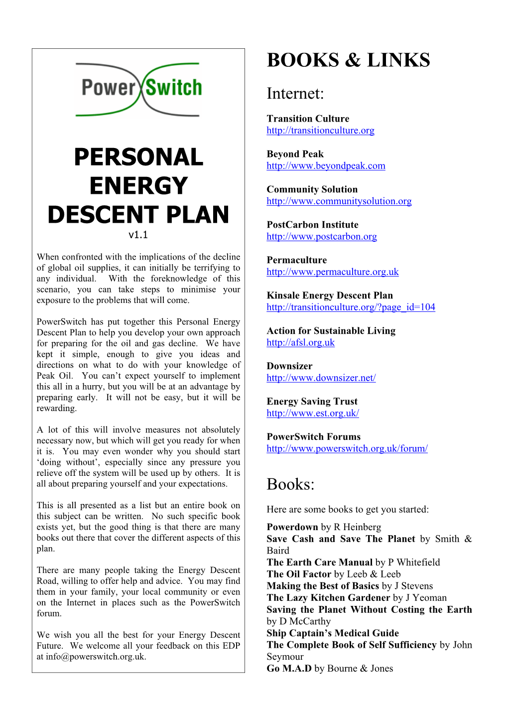 Personal Energy Descent Plan to Help You Develop Your Own Approach Action for Sustainable Living for Preparing for the Oil and Gas Decline