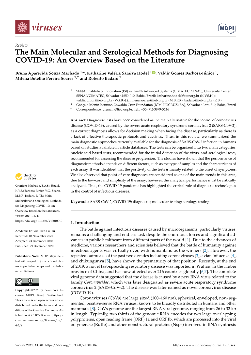 The Main Molecular and Serological Methods for Diagnosing COVID-19: an Overview Based on the Literature