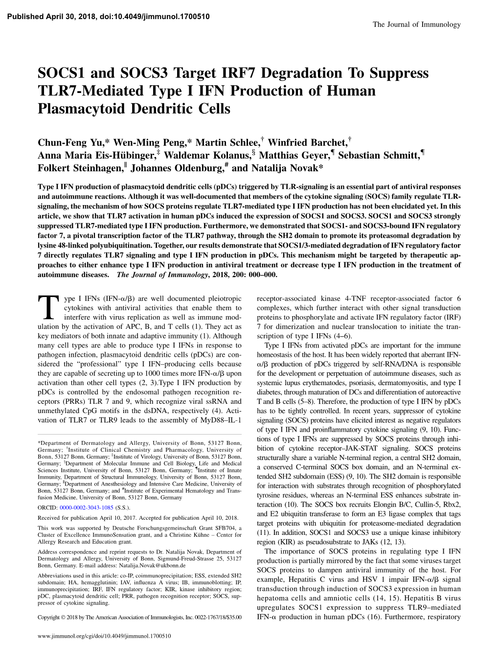 SOCS1 and SOCS3 Target IRF7 Degradation to Suppress TLR7-Mediated Type I IFN Production of Human Plasmacytoid Dendritic Cells