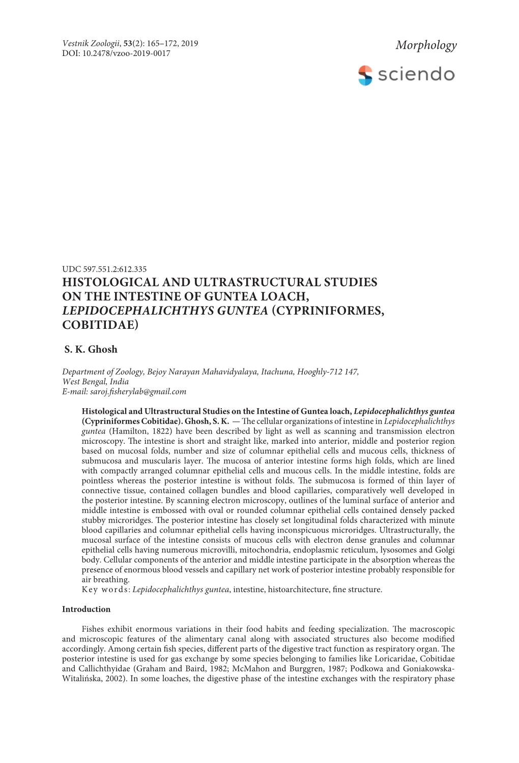 Histological and Ultrastructural Studies on the Intestine of Guntea Loach, Lepidocephalichthys Guntea (Cypriniformes, Cobitidae)