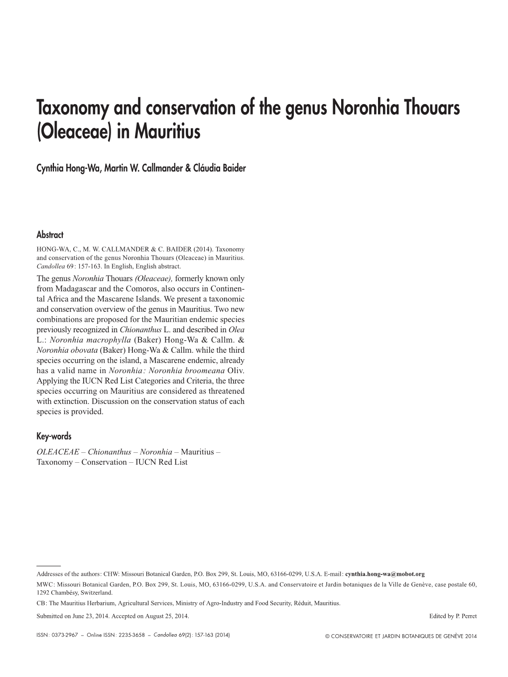 Taxonomy and Conservation of the Genus Noronhia Thouars (Oleaceae) in Mauritius