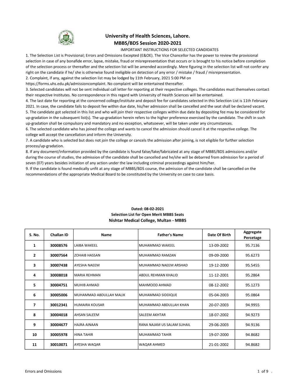 University of Health Sciences, Lahore. MBBS/BDS Session 2020-2021 IMPORTANT INSTRUCTIONS for SELECTED CANDIDATES 1