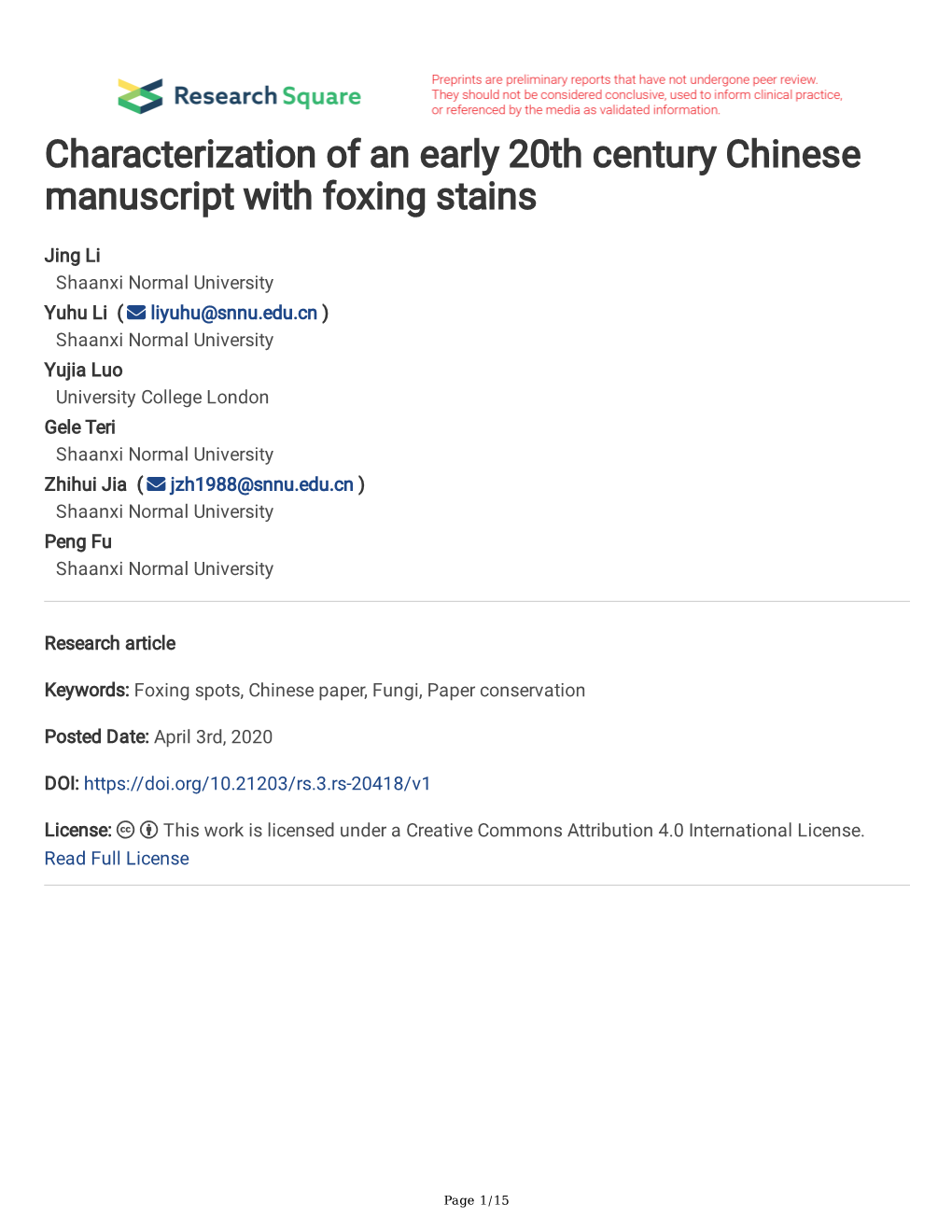 Characterization of an Early 20Th Century Chinese Manuscript with Foxing Stains