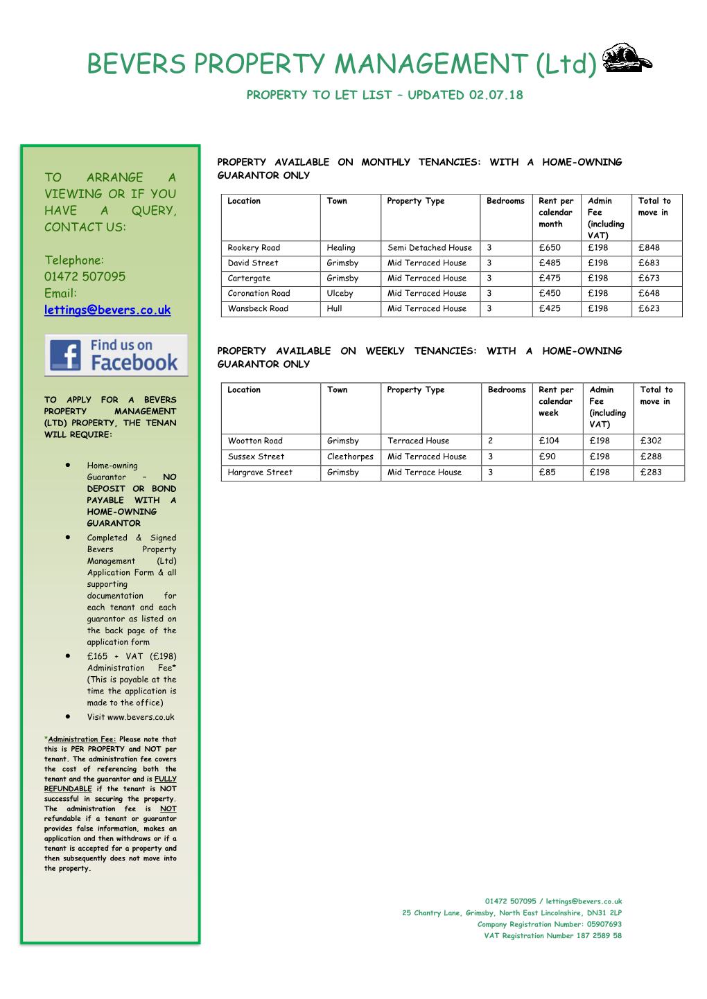 BEVERS PROPERTY MANAGEMENT (Ltd) PROPERTY to LET LIST – UPDATED 02.07.18