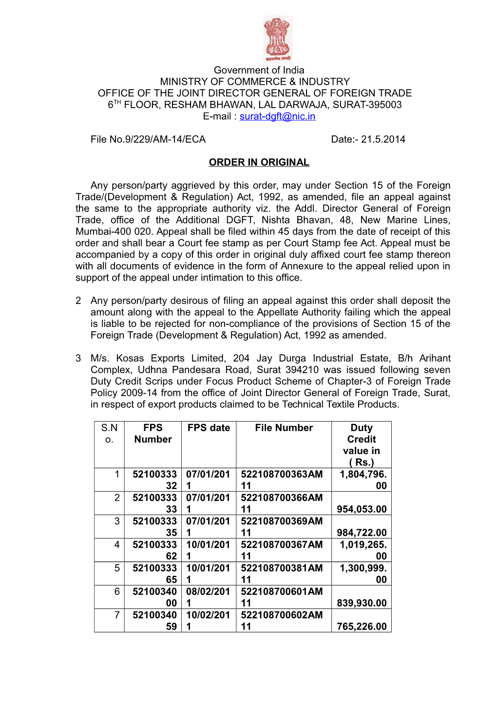 Government of India MINISTRY of COMMERCE & INDUSTRY OFFICE