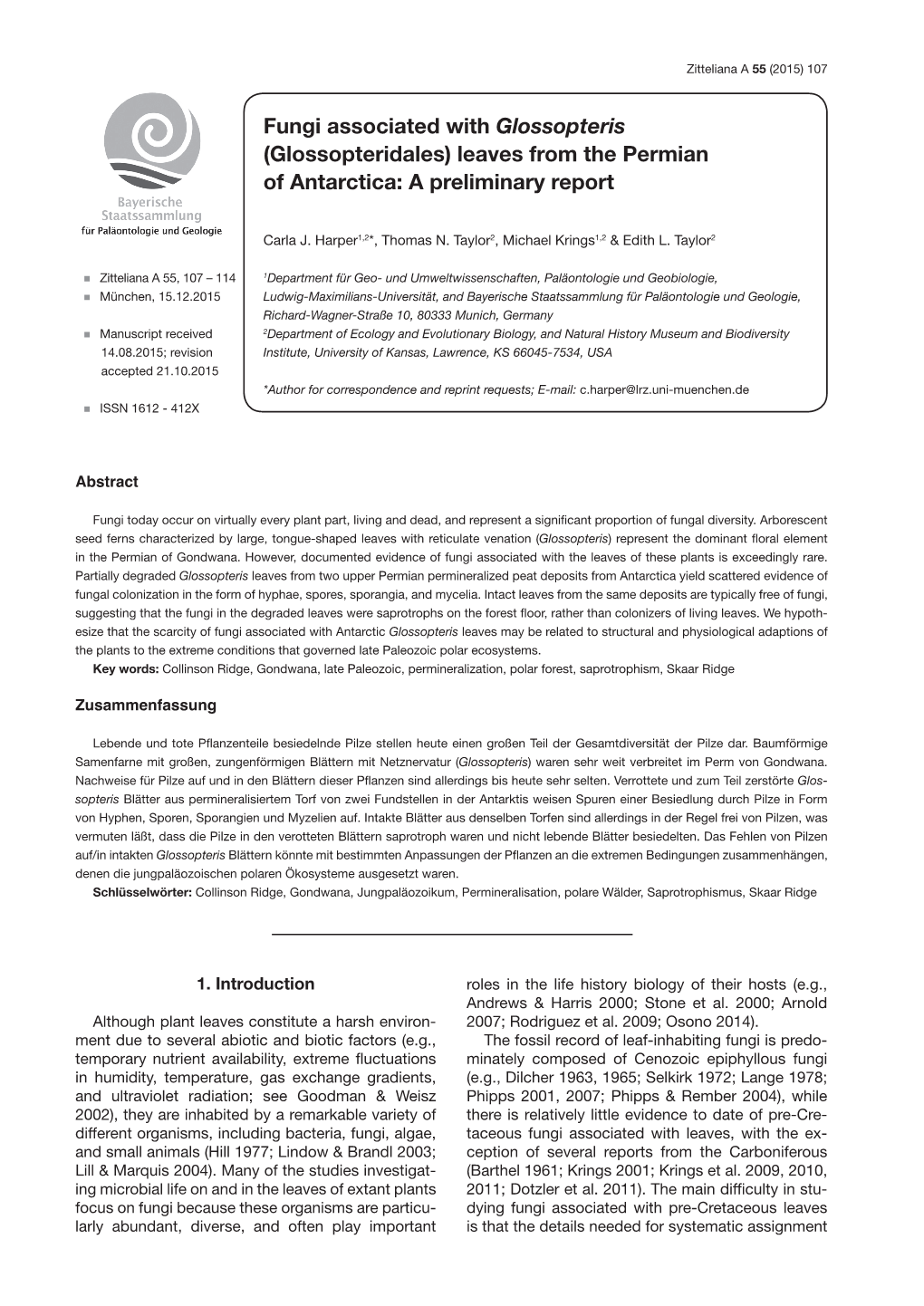 Fungi Associated with Glossopteris (Glossopteridales) Leaves from the Permian of Antarctica: a Preliminary Report