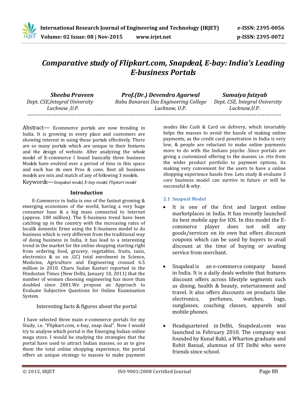 Comparative Study of Flipkart.Com, Snapdeal, E-Bay: India’S Leading E-Business Portals