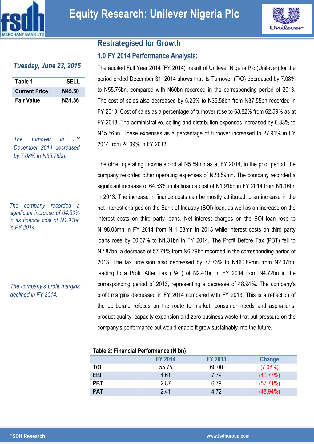 Unilever Nigeria Plc FY 2014