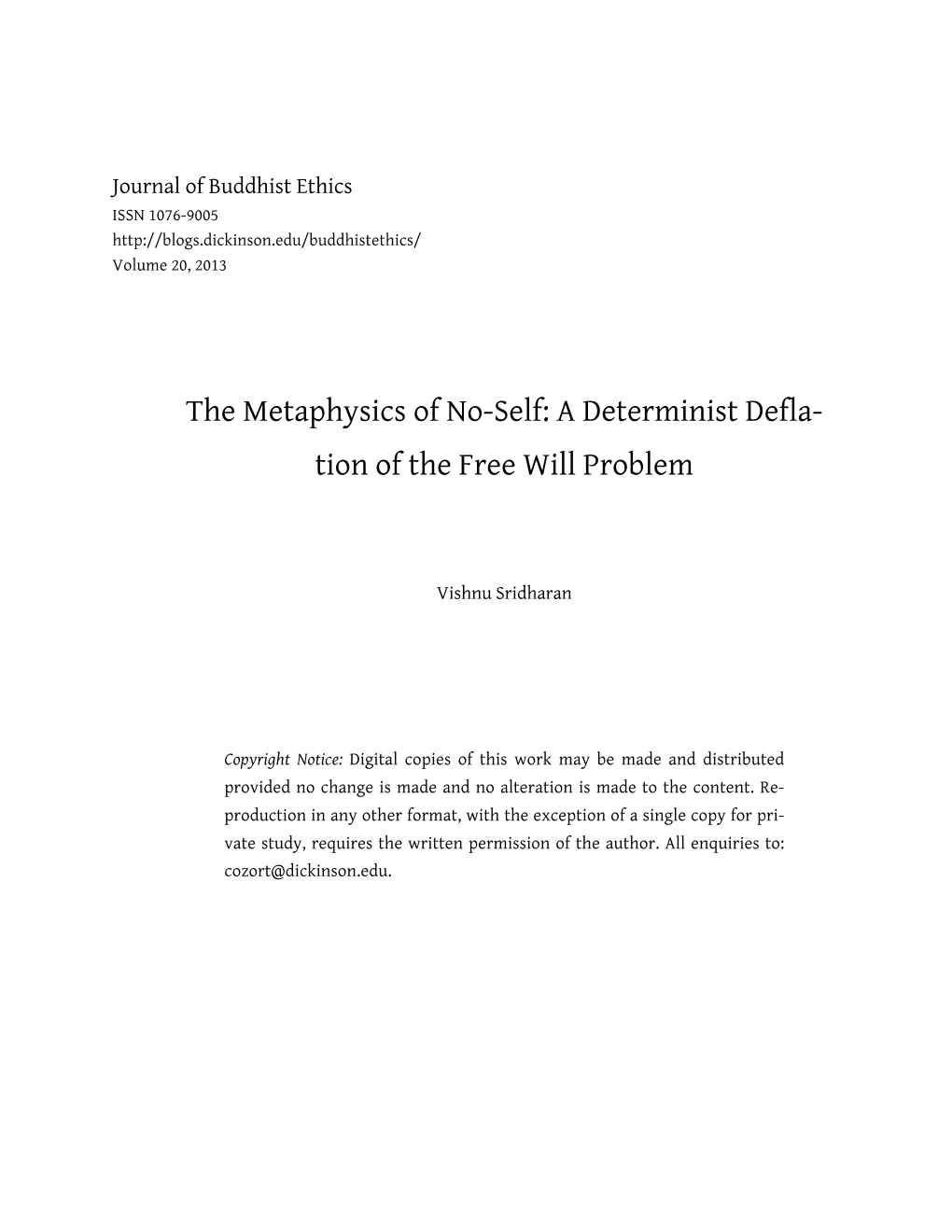 The Metaphysics of No-Self: a Determinist Defla- Tion of the Free Will Problem