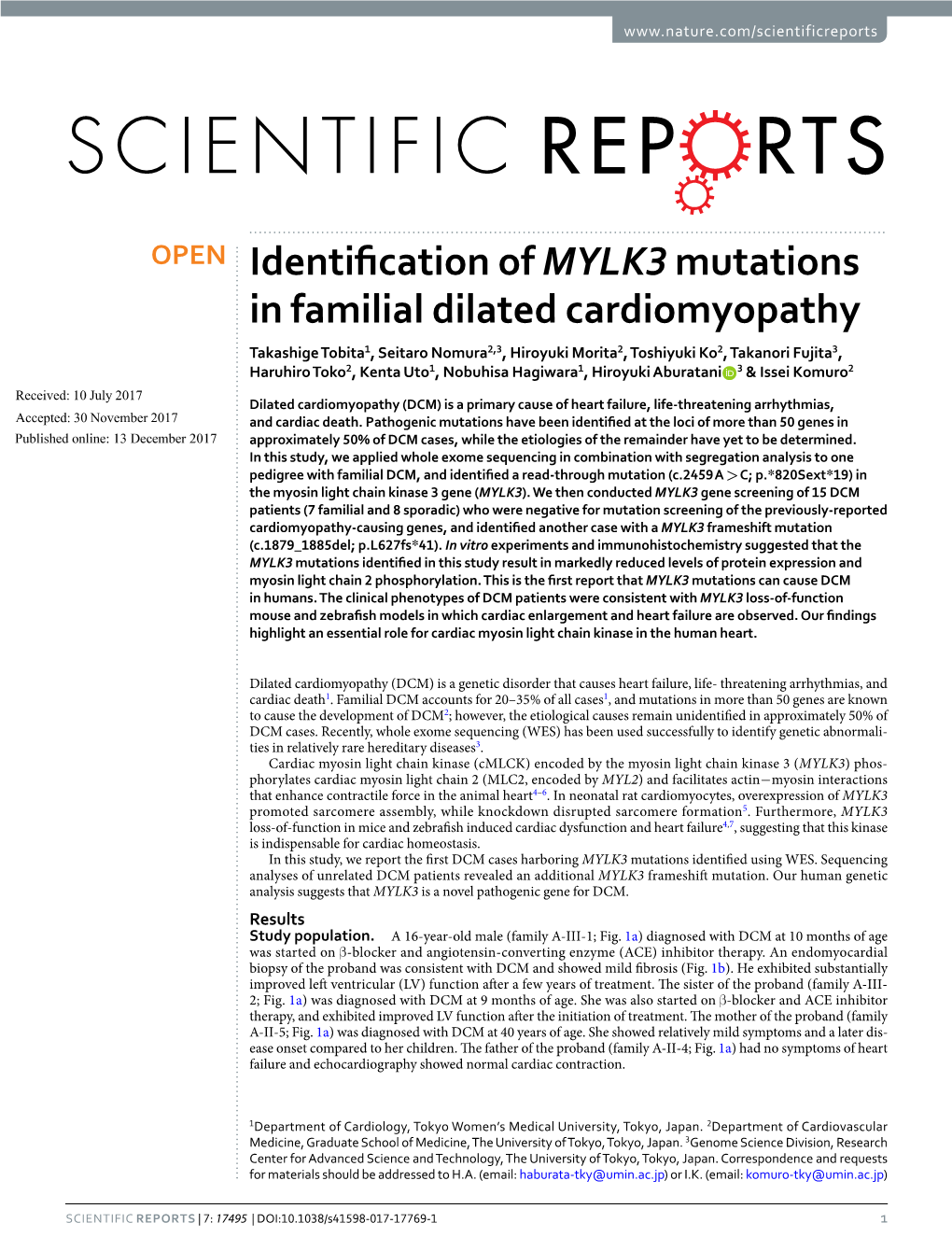 Identification of MYLK3 Mutations in Familial Dilated Cardiomyopathy