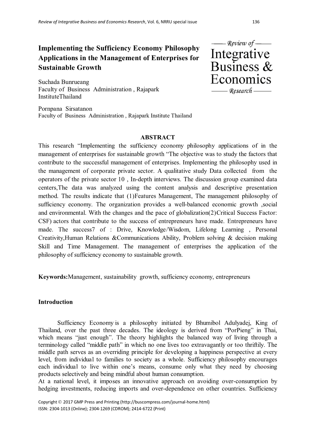 Implementing the Sufficiency Economy Philosophy Applications in the Management of Enterprises for Sustainable Growth