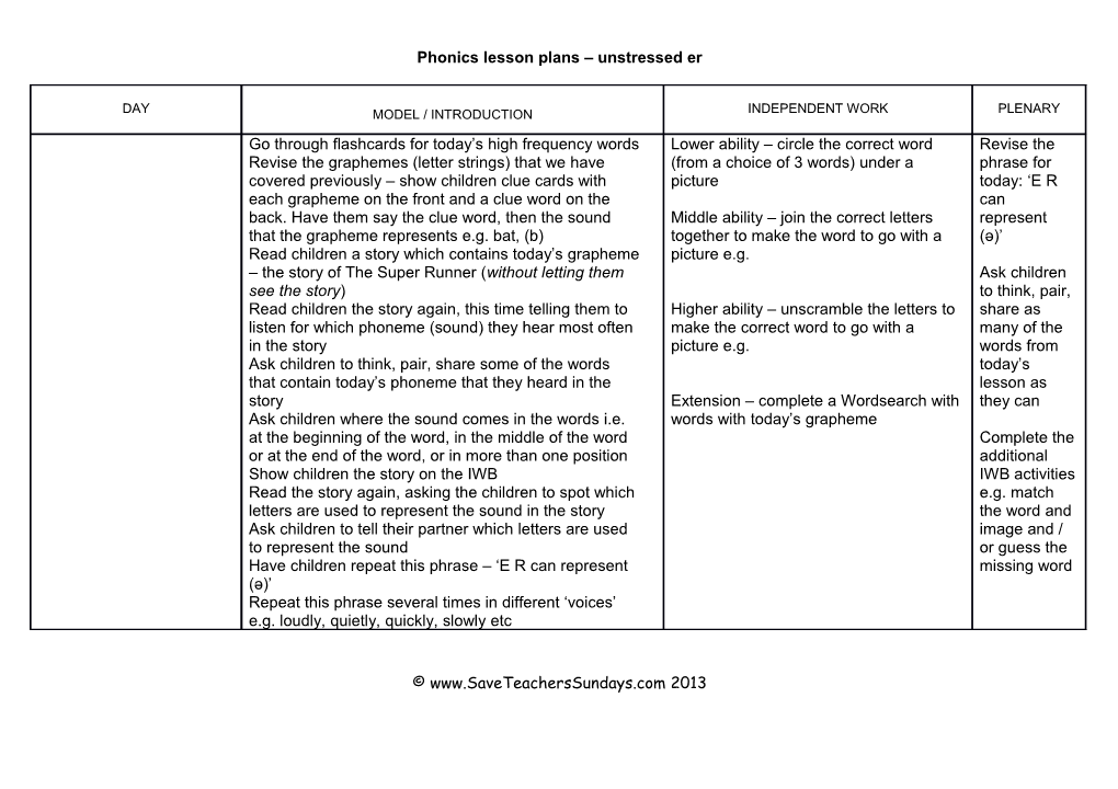 Unstressed Er Lesson Plan